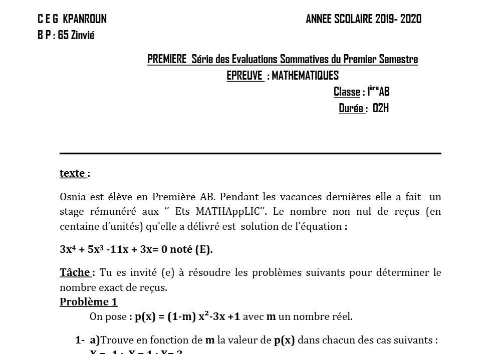Aperçu de la première page — 1ère AB Mathématiques Devoir 1 Semestre 1 CEG Kpanroun 2019 2020