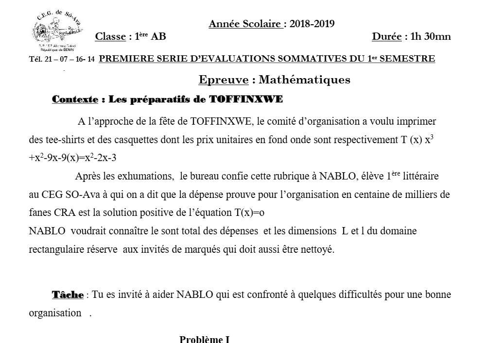 Aperçu de la première page — 1ère AB Mathématiques Devoir 1 Semestre 1 CEG So Ava 2018 2019