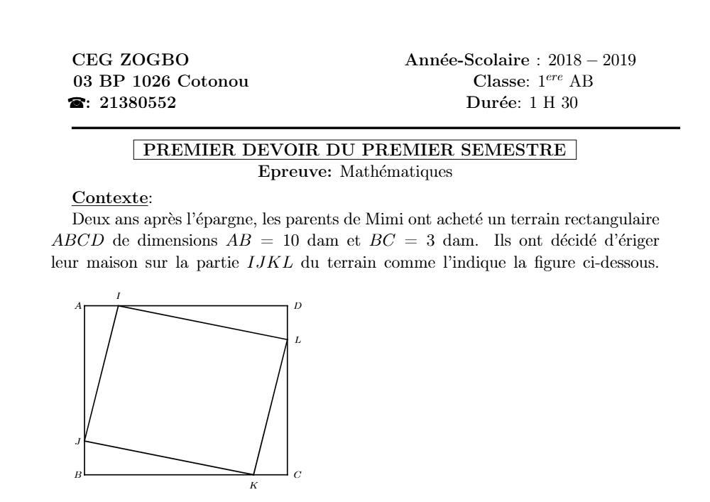 Aperçu de la première page — 1ère AB Mathématiques Devoir 1 Semestre 1 CEG Zogbo 2018 2019