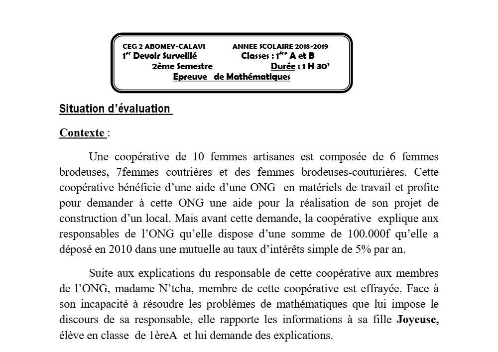 Aperçu de la première page — 1ère AB Mathématiques Devoir 1 Semestre 2 CEG2 Abomey Calavi 2018 2019