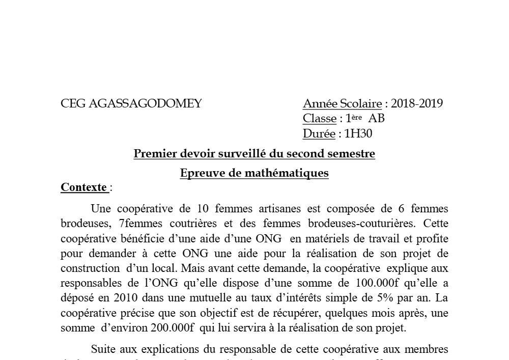 Aperçu de la première page — 1ère AB Mathématiques Devoir 1 Semestre 2 CEG Agassa Godomey 2018 2019