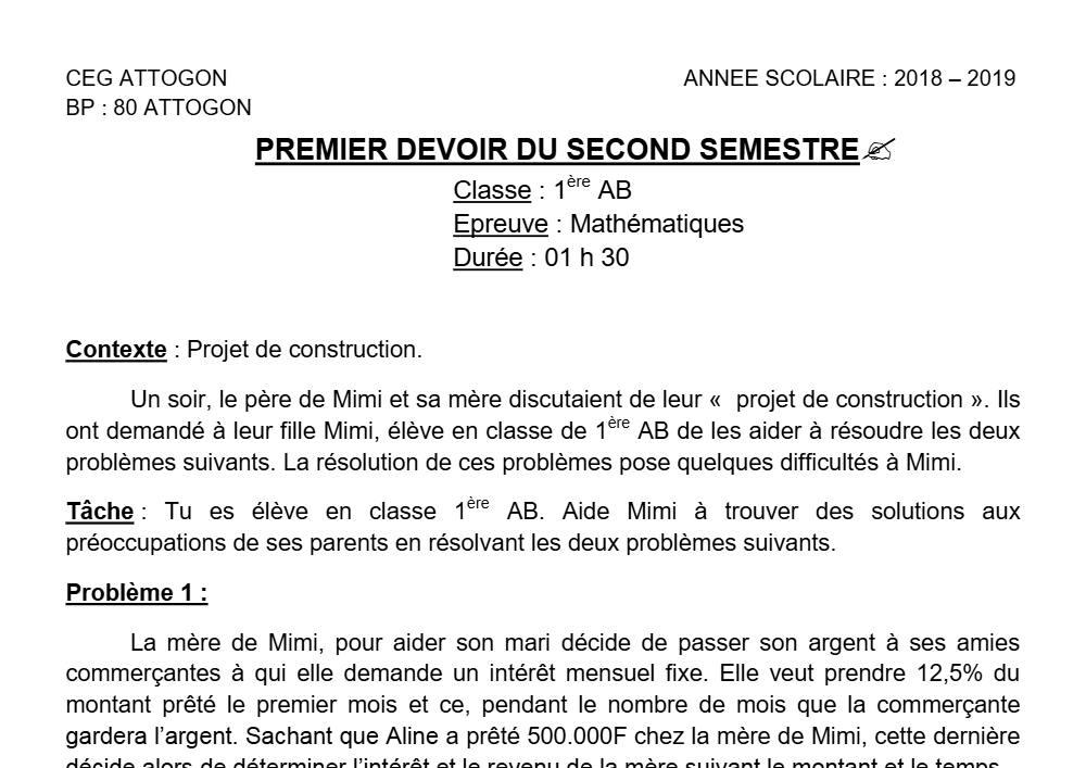 Aperçu de la première page — 1ère AB Mathématiques Devoir 1 Semestre 2 CEG Attogon 2018 2019