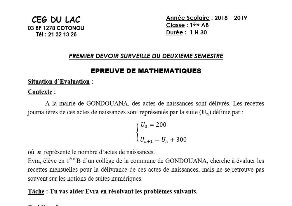 Aperçu de la première page — 1ère AB Mathématiques Devoir 1 Semestre 2 CEG du Lac 2018 2019