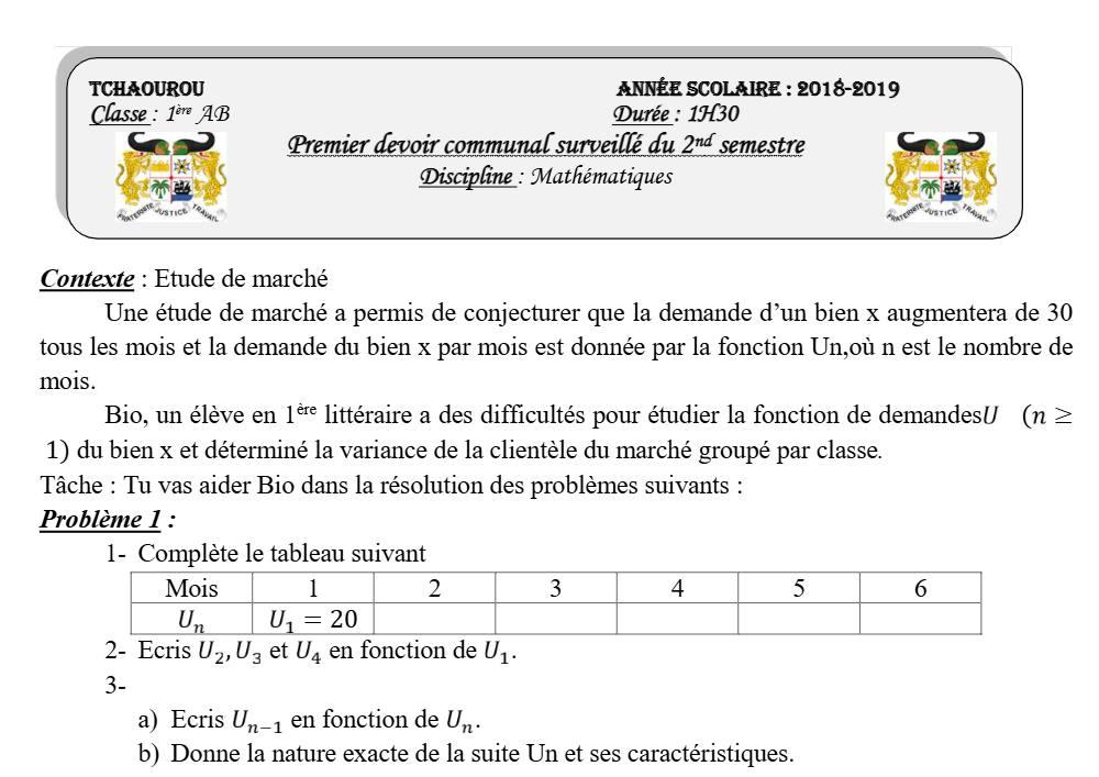 Aperçu de la première page — 1ère AB Mathématiques Devoir 1 Semestre 2 CEG Tchaourou 2018 2019
