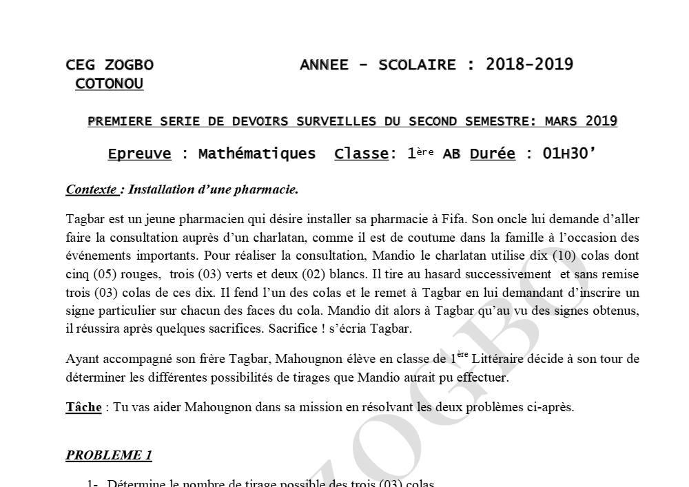Aperçu de la première page — 1ère AB Mathématiques Devoir 1 Semestre 2 CEG Zogbo 2018 2019