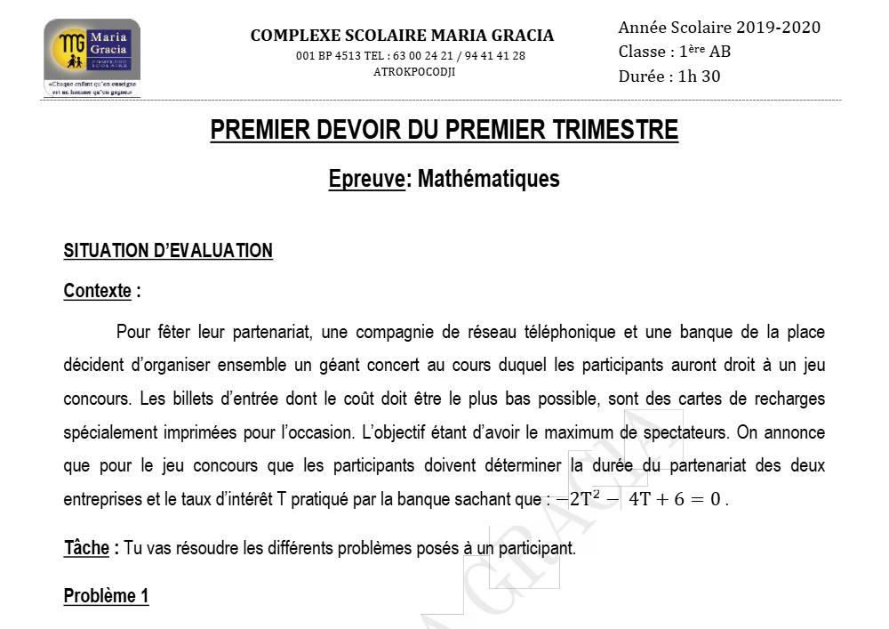 Aperçu de la première page — 1ère AB Mathématiques Devoir 1 Trimestre 1 CS Maria Gracia 2019 2020