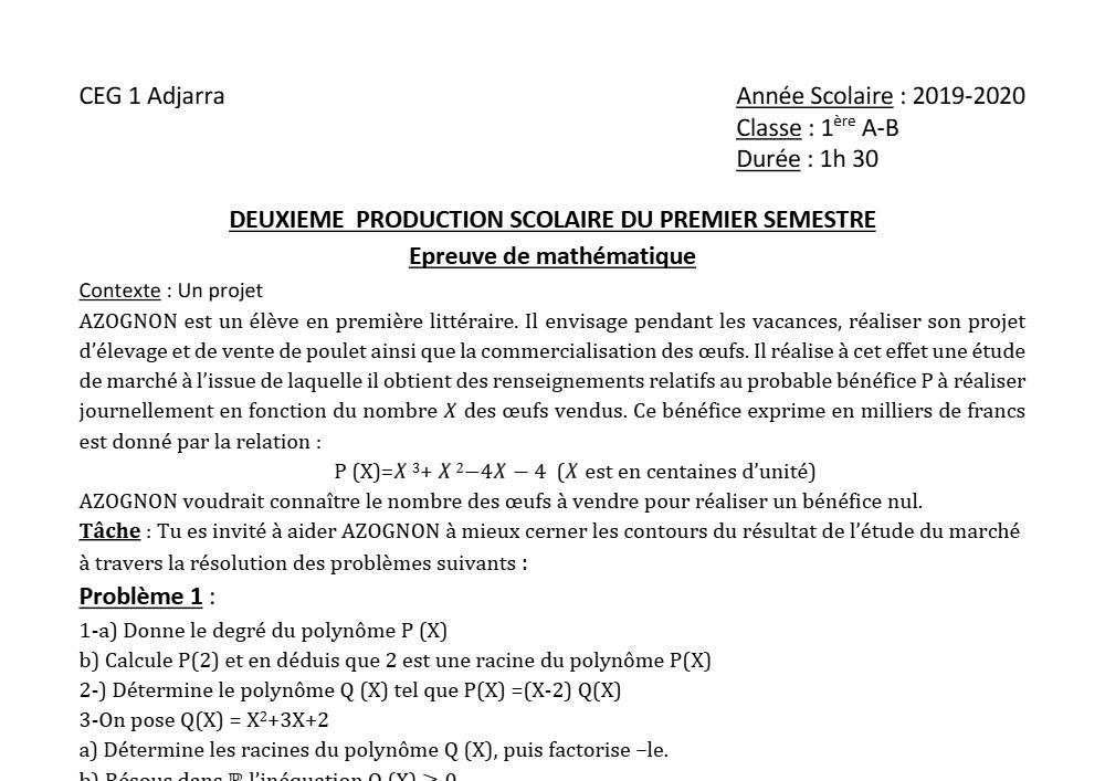 Aperçu de la première page — 1ère AB Mathématiques Devoir 2 Semestre 1 CEG1 Djarra 2019 2020