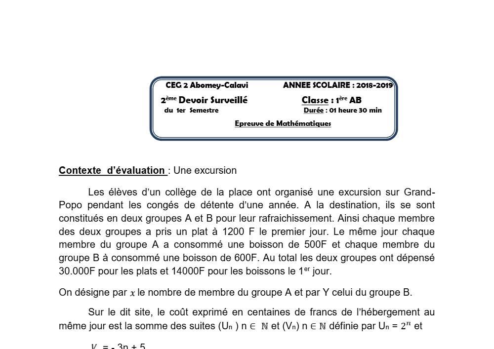 Aperçu de la première page — 1ère AB Mathématiques Devoir 2 Semestre 1 CEG2 Abomey Calavi 2018 2019