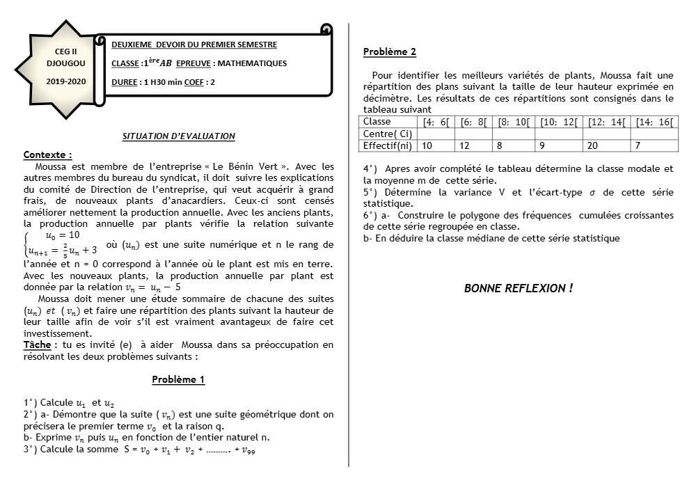 Aperçu de la première page — 1ère AB Mathématiques Devoir 2 Semestre 1 CEG2 Djougou 2019 2020