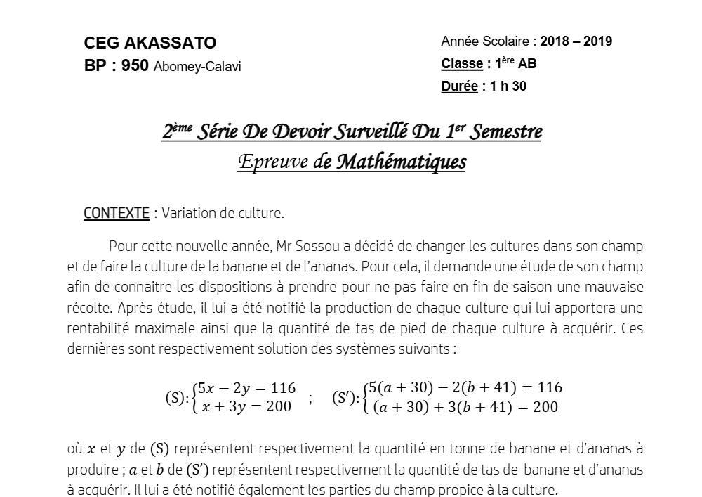 Aperçu de la première page — 1ère AB Mathématiques Devoir 2 Semestre 1 CEG Akassato 2018 2019