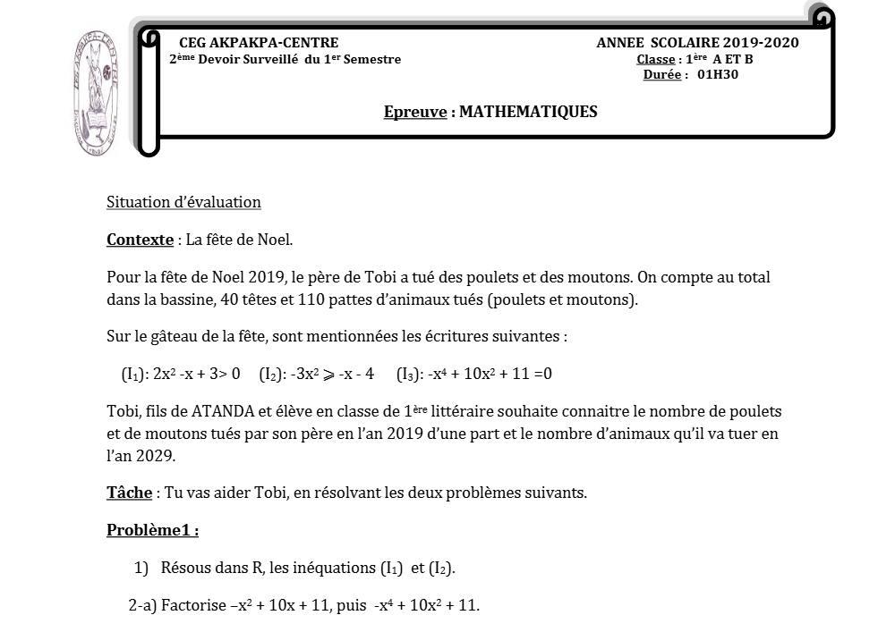 Aperçu de la première page — 1ère AB Mathématiques Devoir 2 Semestre 1 CEG Akpakpa 2019 2020