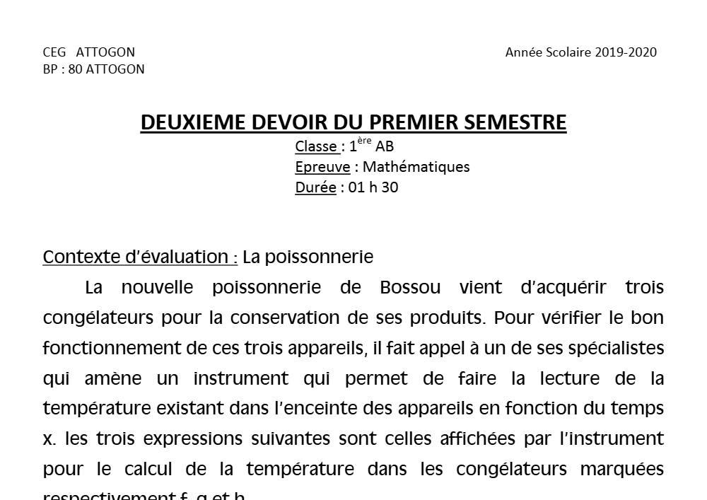 Aperçu de la première page — 1ère AB Mathématiques Devoir 2 Semestre 1 CEG Attogon 2019 2020