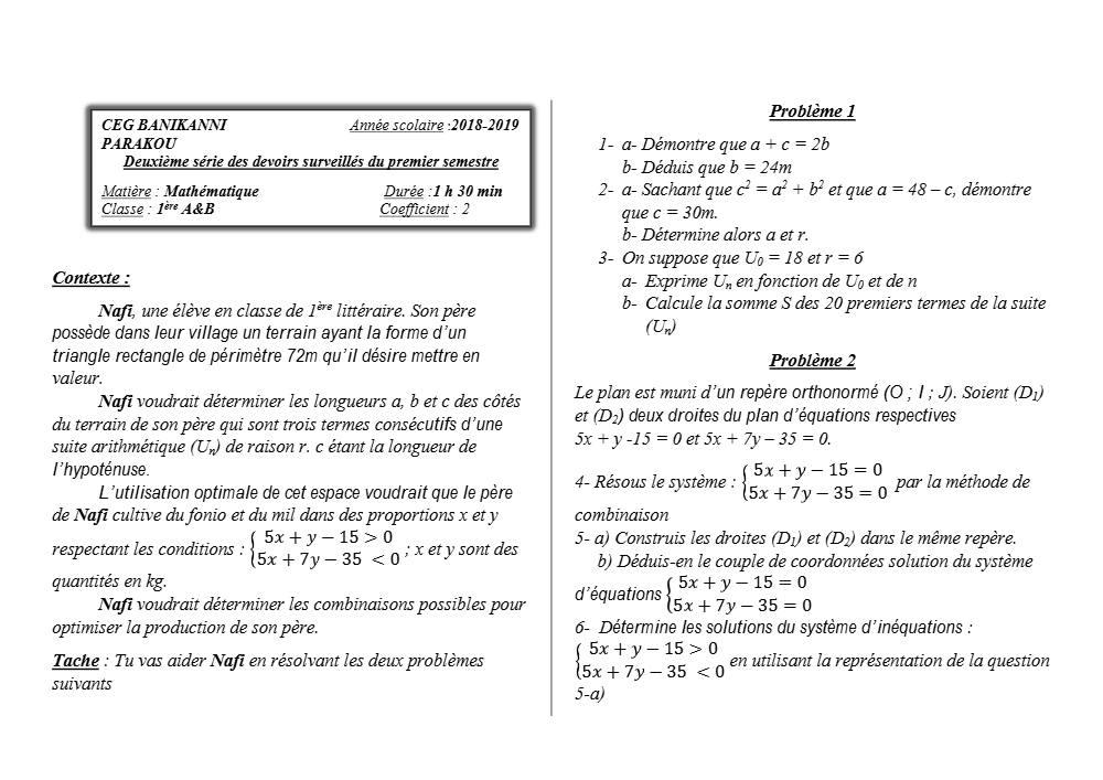 Aperçu de la première page — 1ère AB Mathématiques Devoir 2 Semestre 1 CEG Banikanni 2018 2019 (2)