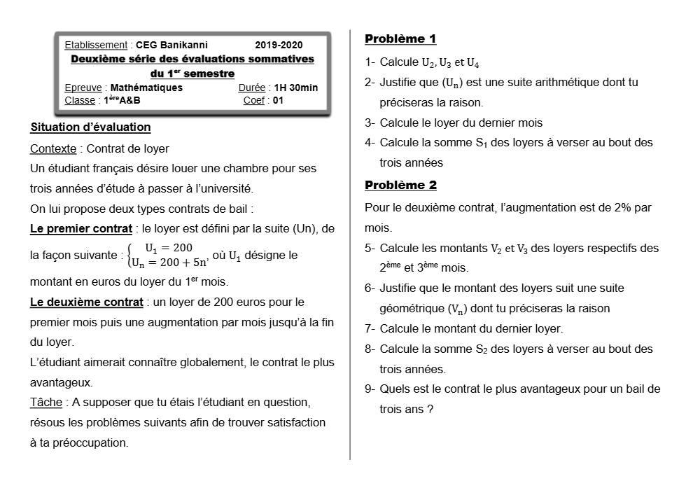Aperçu de la première page — 1ère AB Mathématiques Devoir 2 Semestre 1 CEG Banikanni 2019 2020