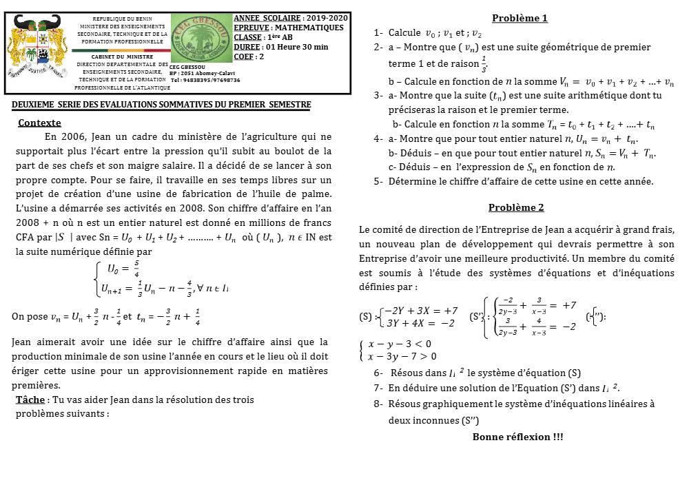Aperçu de la première page — 1ère AB Mathématiques Devoir 2 Semestre 1 CEG Gbessou 2019 2020
