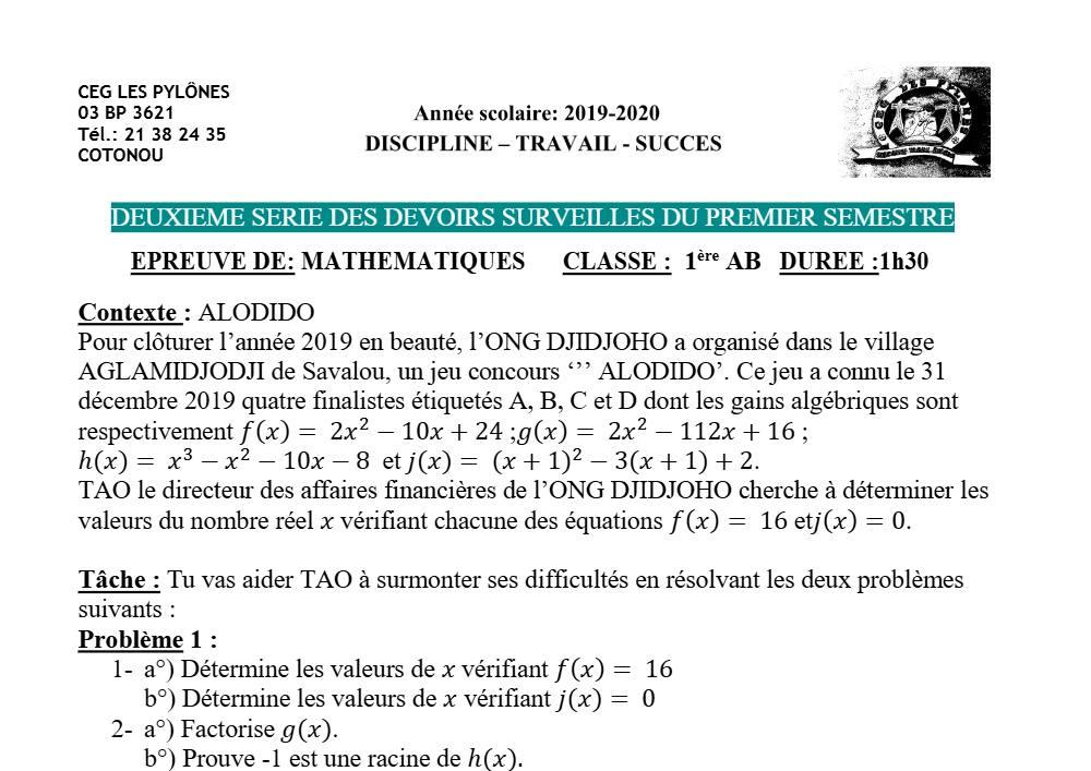 Aperçu de la première page — 1ère AB Mathématiques Devoir 2 Semestre 1 CEG Les Pylônes 2019 2020