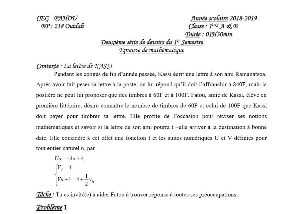 Aperçu de la première page — 1ère AB Mathématiques Devoir 2 Semestre 1 CEG Pahou 2018 2019