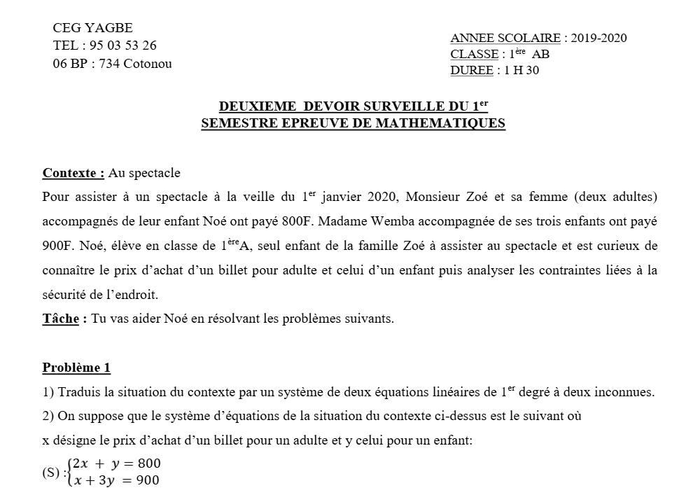 Aperçu de la première page — 1ère AB Mathématiques Devoir 2 Semestre 1 CEG Yagbe 2019 2020