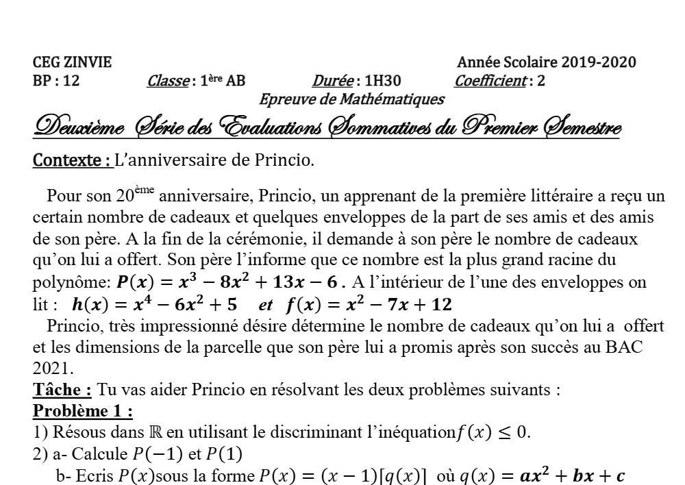 Aperçu de la première page — 1ère AB Mathématiques Devoir 2 Semestre 1 CEG Zinvié 2019 2020