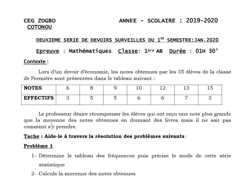 Aperçu de la première page — 1ère AB Mathématiques Devoir 2 Semestre 1 CEG Zogbo 2019 2020
