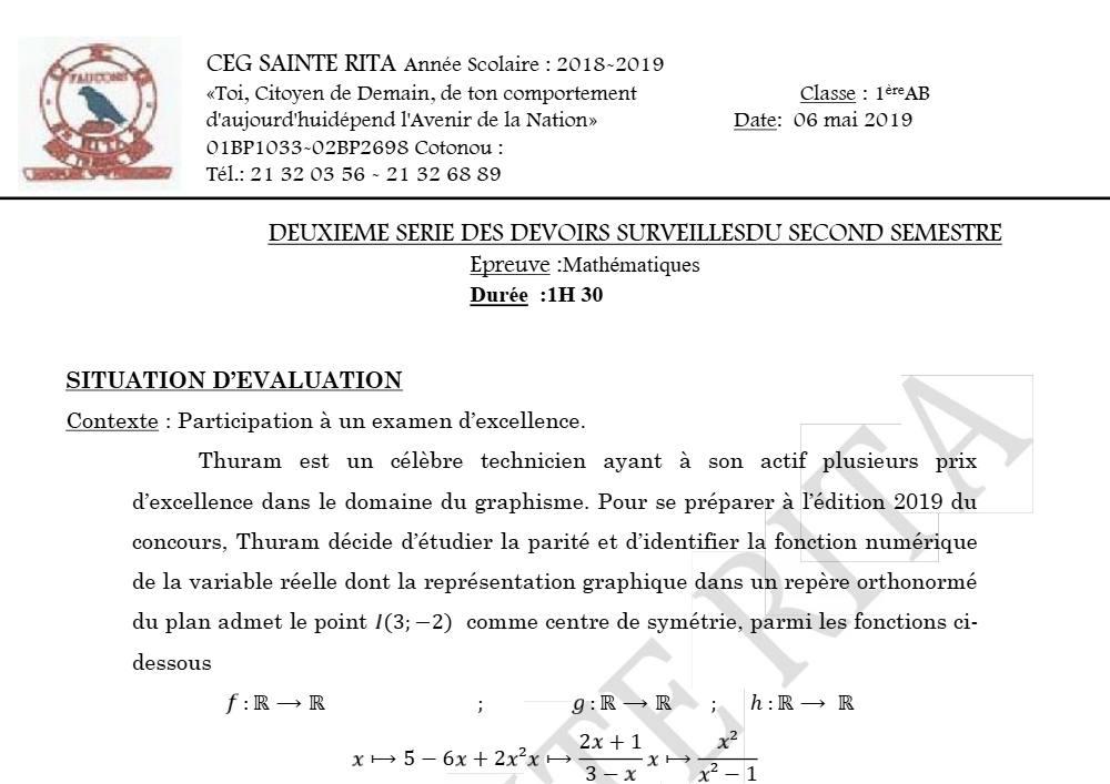 Aperçu de la première page — 1ère AB Mathématiques Devoir 2 Semestre 2 CEG Sainte Rita 2018 2019