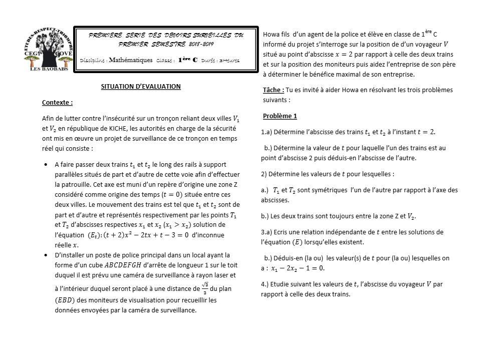Aperçu de la première page — 1ère C Mathématiques Devoir 1 Semestre 1 CEG1 Cove 2018 2019
