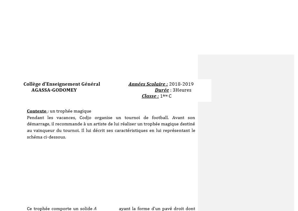 Aperçu de la première page — 1ère C Mathématiques Devoir 1 Semestre 1 CEG Agassa Godomey 2018 2019