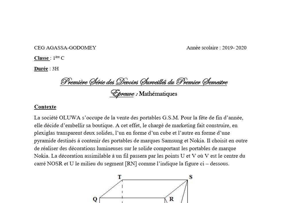 Aperçu de la première page — 1ère C Mathématiques Devoir 1 Semestre 1 CEG Agassa Godomey 2019 2020