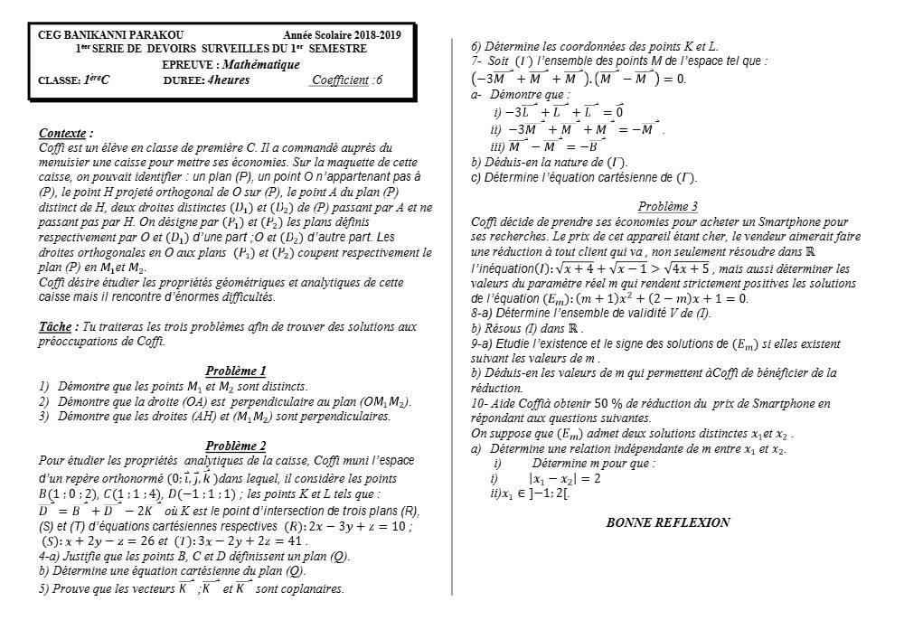 Aperçu de la première page — 1ère C Mathématiques Devoir 1 Semestre 1 CEG Banikanni 2018 2019