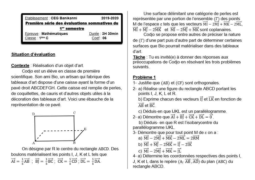 Aperçu de la première page — 1ère C Mathématiques Devoir 1 Semestre 1 CEG Banikanni 2019 2020