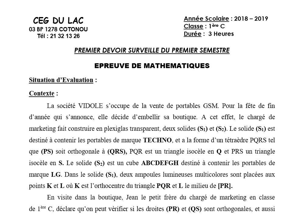 Aperçu de la première page — 1ère C Mathématiques Devoir 1 Semestre 1 CEG du Lac 2018 2019