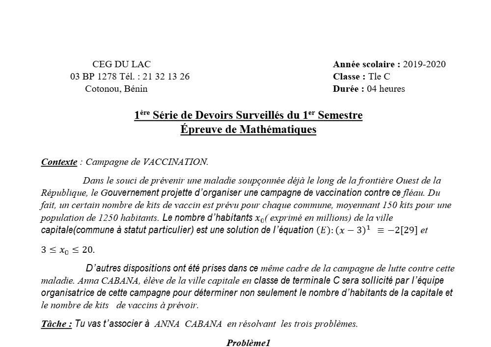 Aperçu de la première page — 1ère C Mathématiques Devoir 1 Semestre 1 CEG du Lac 2019 2020