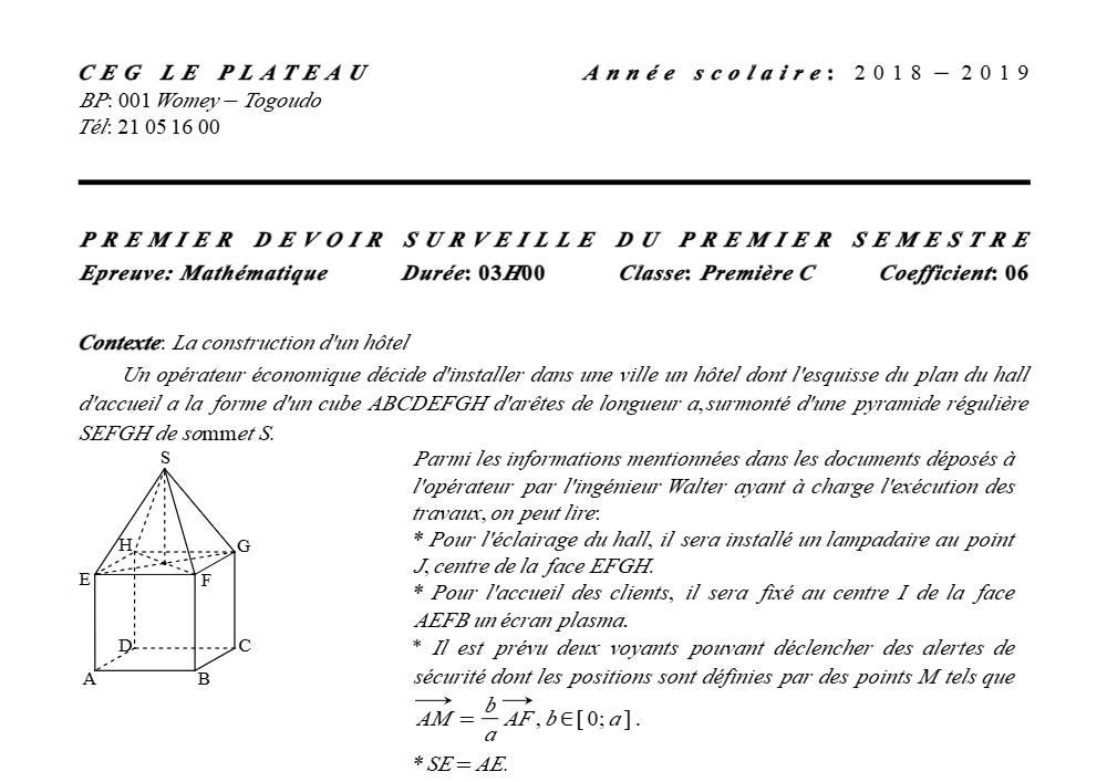 Aperçu de la première page — 1ère C Mathématiques Devoir 1 Semestre 1 CEG Le Plateau 2018 2019