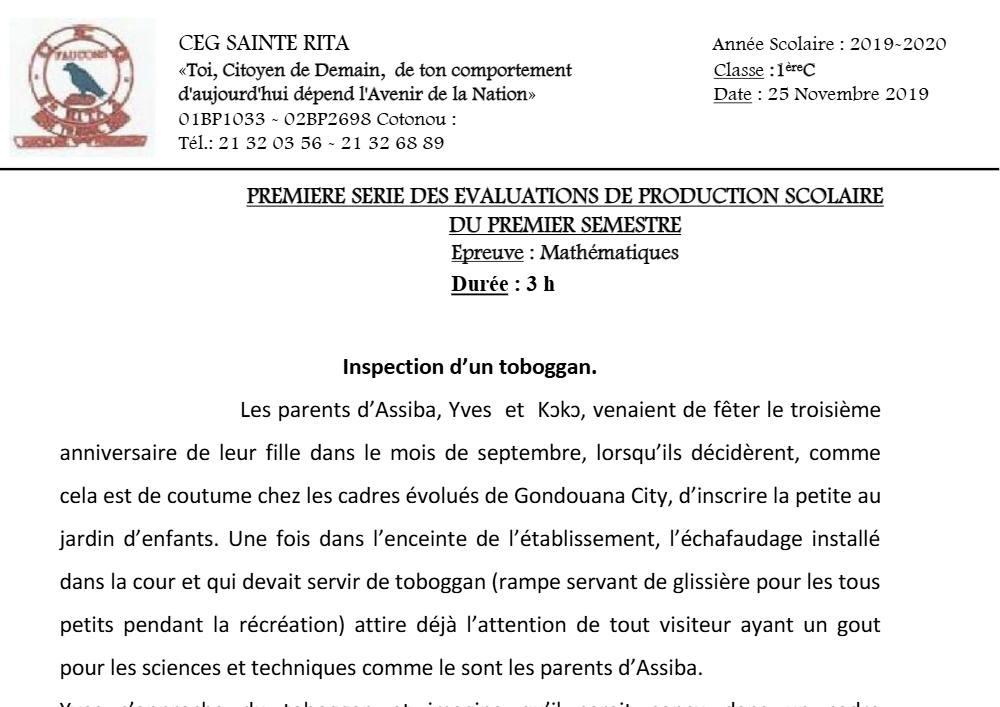 Aperçu de la première page — 1ère C Mathématiques Devoir 1 Semestre 1 CEG Sainte Rita 2019 2020