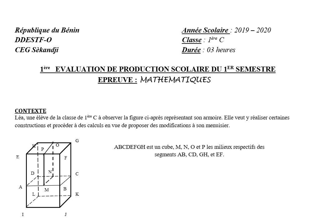 Aperçu de la première page — 1ère C Mathématiques Devoir 1 Semestre 1 CEG Sèkandji 2019 2020