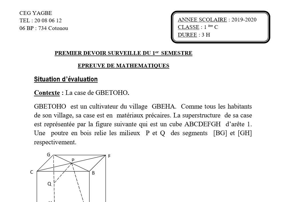 Aperçu de la première page — 1ère C Mathématiques Devoir 1 Semestre 1 CEG Yagbe 2019 2020