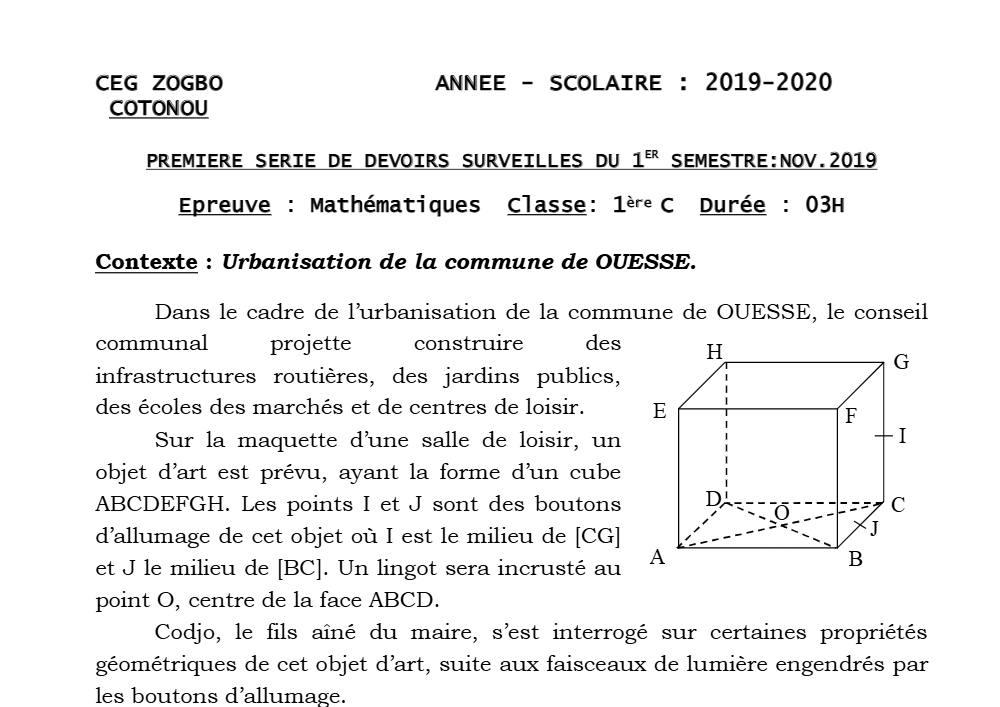 Aperçu de la première page — 1ère C Mathématiques Devoir 1 Semestre 1 CEG Zogbo 2019 2020