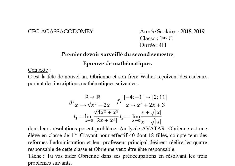 Aperçu de la première page — 1ère C Mathématiques Devoir 1 Semestre 2 CEG Agassa Godomey 2018 2019