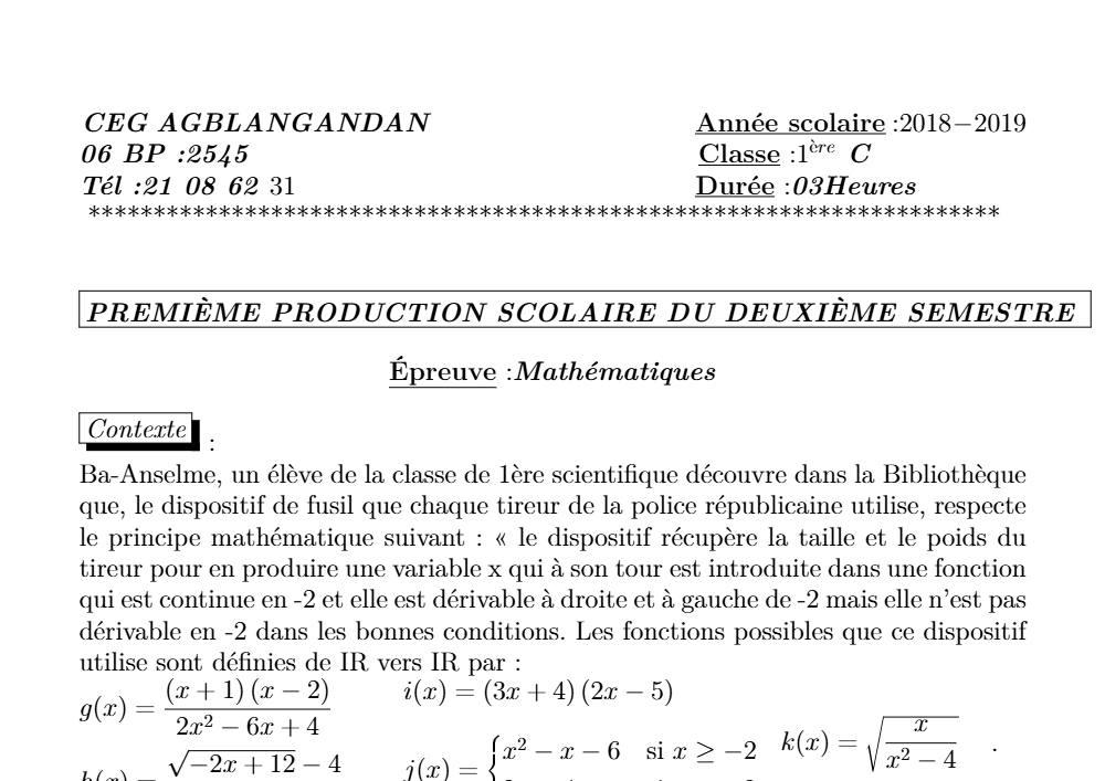 Aperçu de la première page — 1ère C Mathématiques Devoir 1 Semestre 2 CEG Agblangandan 2018 2019