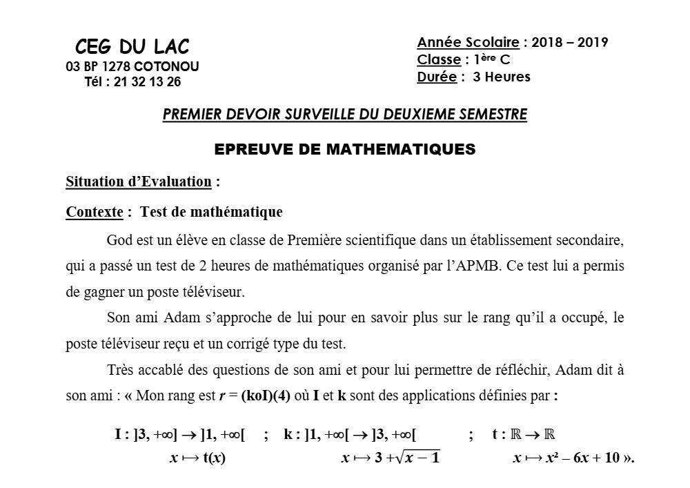 Aperçu de la première page — 1ère C Mathématiques Devoir 1 Semestre 2 CEG du Lac 2018 2019