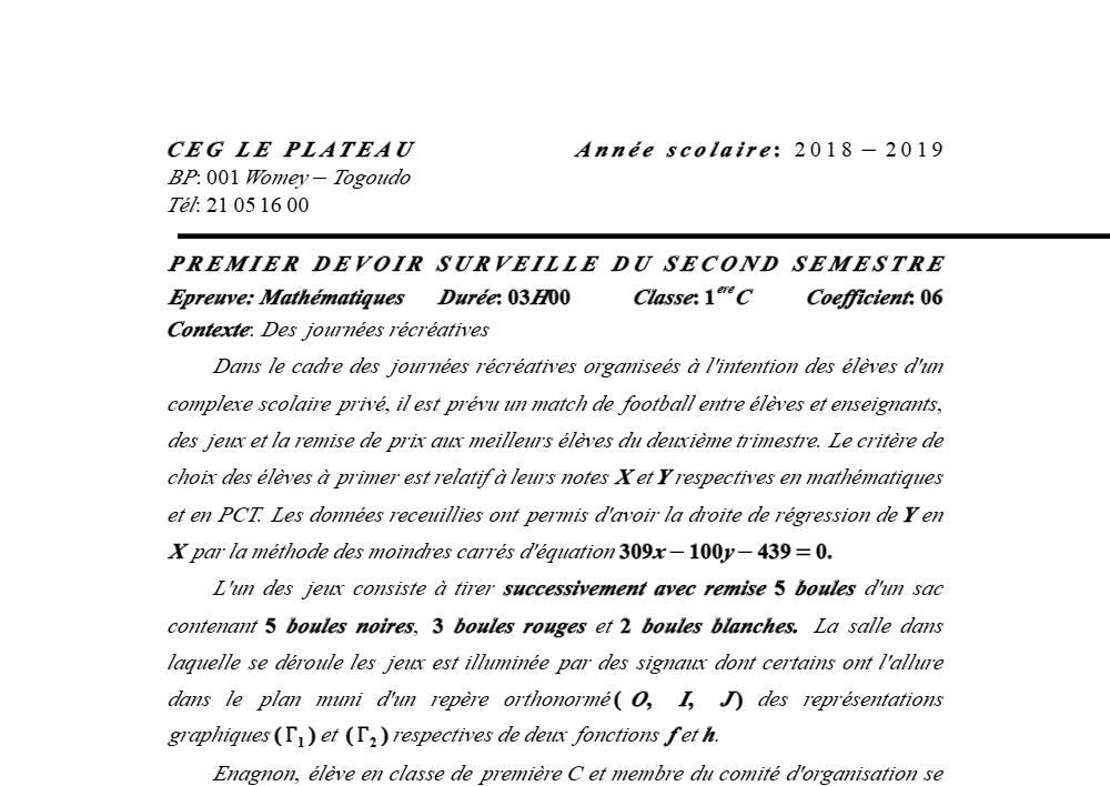 Aperçu de la première page — 1ère C Mathématiques Devoir 1 Semestre 2 CEG Le Plateau 2018 2019