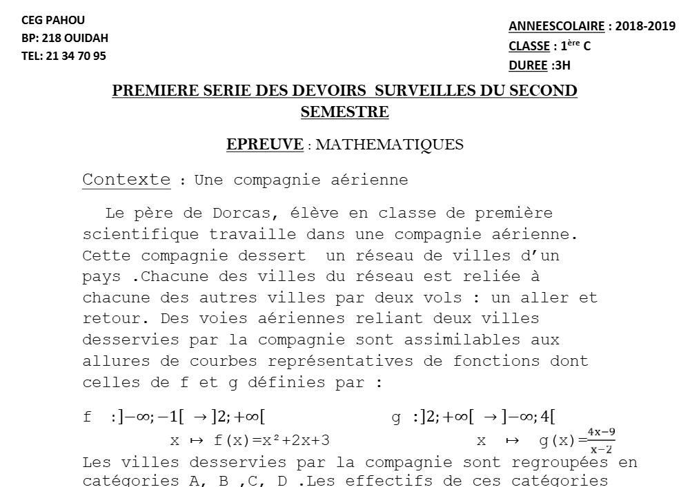 Aperçu de la première page — 1ère C Mathématiques Devoir 1 Semestre 2 CEG Pahou 2018 2019