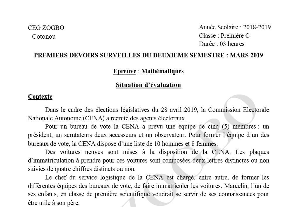 Aperçu de la première page — 1ère C Mathématiques Devoir 1 Semestre 2 CEG Zogbo 2018 2019
