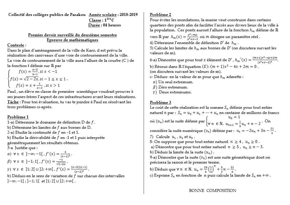 Aperçu de la première page — 1ère C Mathématiques Devoir 1 Semestre 2 Les CEG de Parakou 2018 2019 (2)