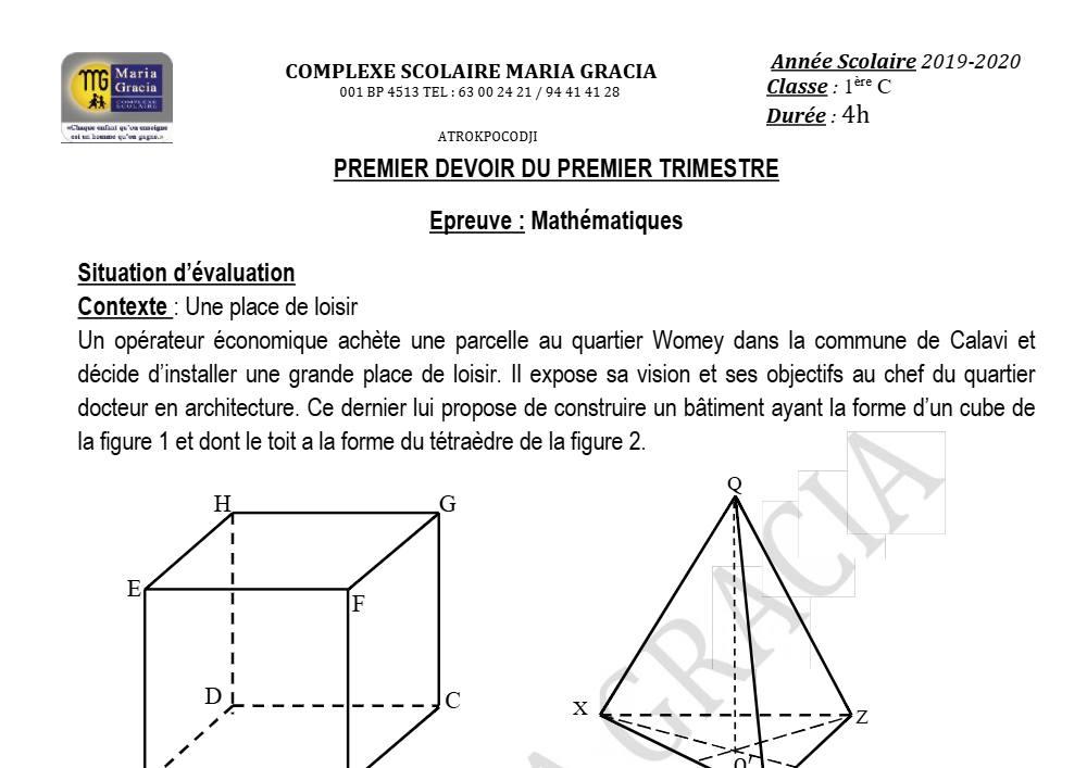 Aperçu de la première page — 1ère C Mathématiques Devoir 1 Trimestre 1 CS Maria Gracia 2019 2020