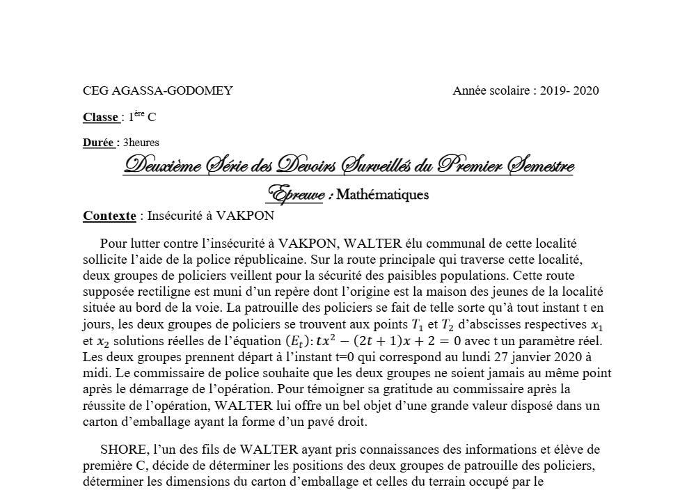 Aperçu de la première page — 1ère C Mathématiques Devoir 2 Semestre 1 CEG Agassa Godomey 2019 2020