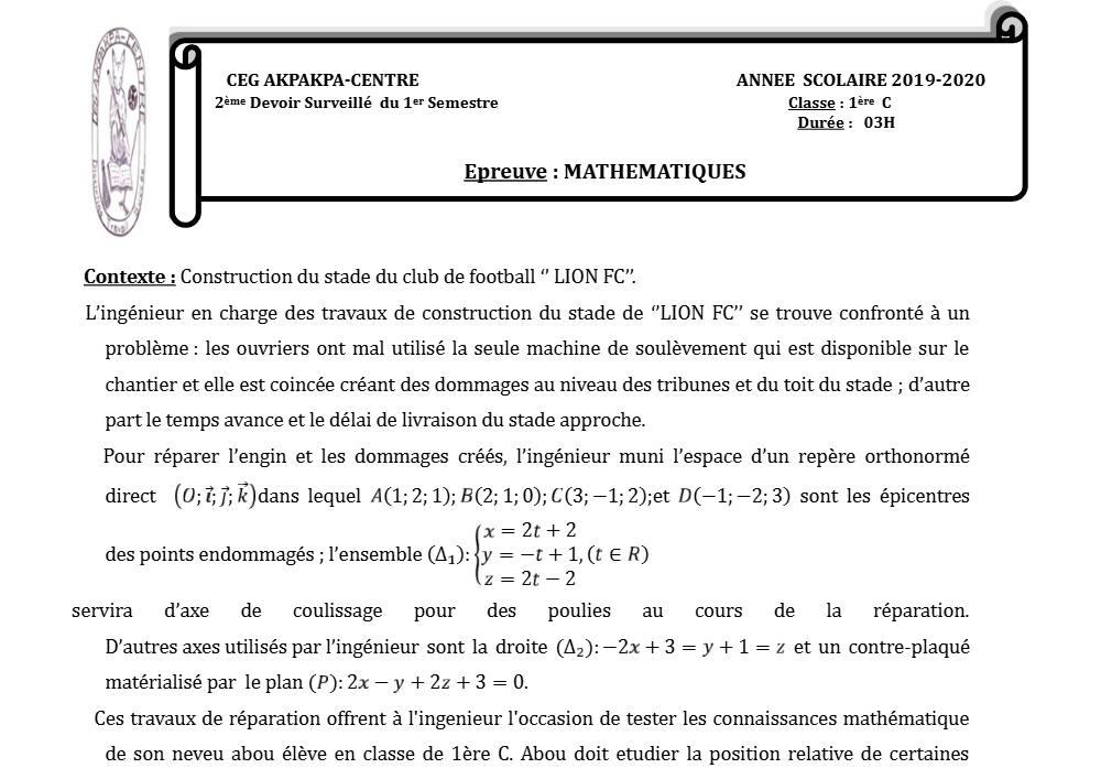 Aperçu de la première page — 1ère C Mathématiques Devoir 2 Semestre 1 CEG Akpakpa 2019 2020