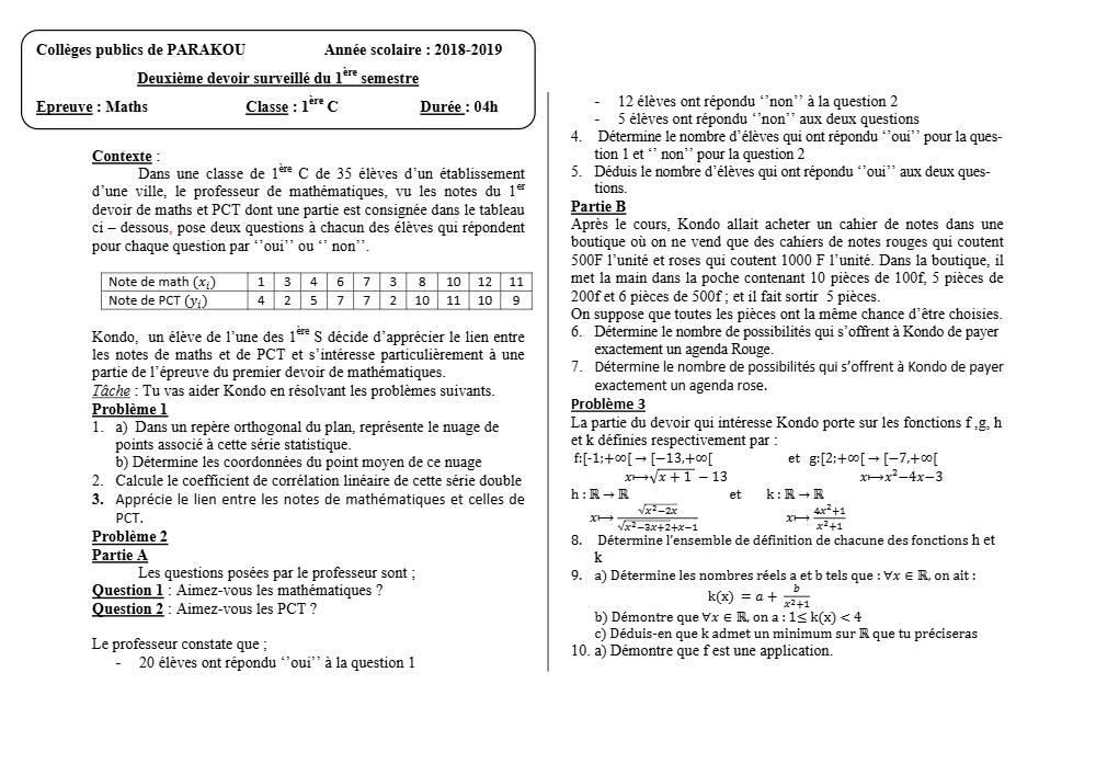 Aperçu de la première page — 1ère C Mathématiques Devoir 2 Semestre 1 CEG Albarika 2018 2019