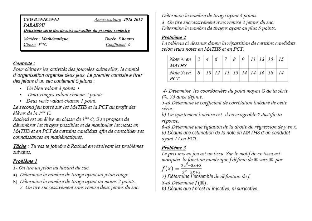 Aperçu de la première page — 1ère C Mathématiques Devoir 2 Semestre 1 CEG Banikanni 2018 2019
