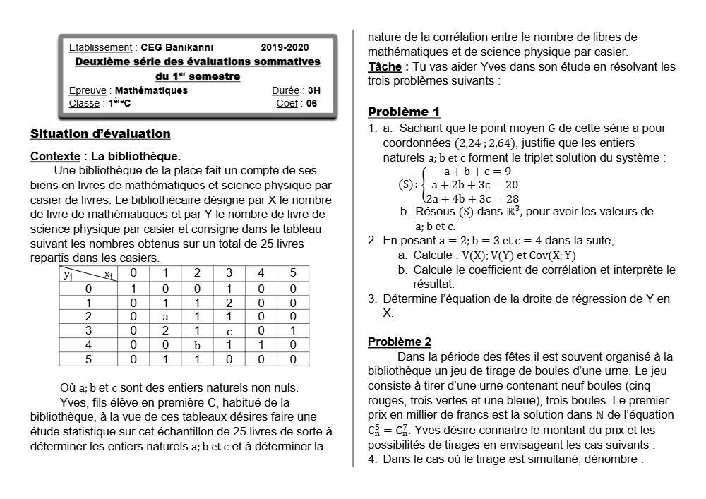 Aperçu de la première page — 1ère C Mathématiques Devoir 2 Semestre 1 CEG Banikanni 2019 2020